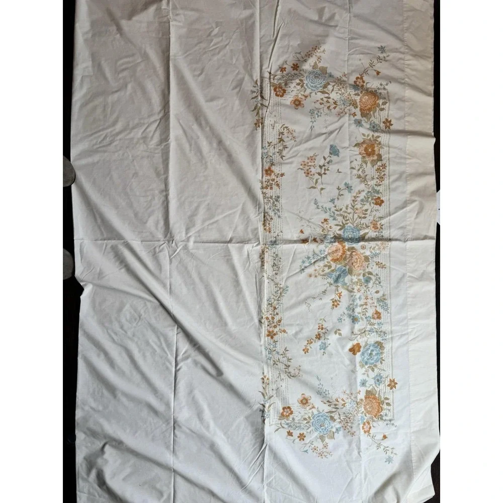 VTG FULL Sheet Set Tan Orange Blue Floral Flowers Tastemaker Percale 70s‎ Hippie